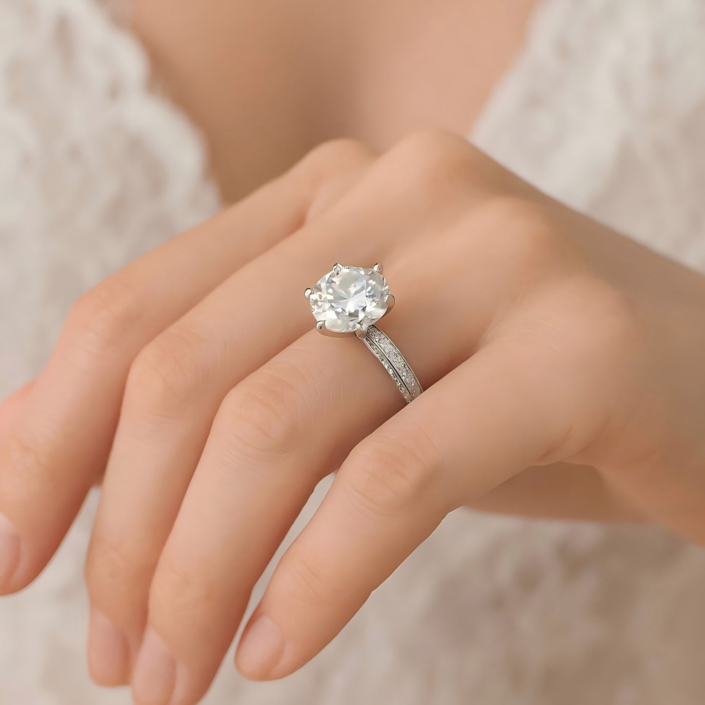 Six-Prong Round Brilliant 3 CT D Color Moissanite Engagement Ring 925 Sterling Silver White Gold Plated | GRA Certified