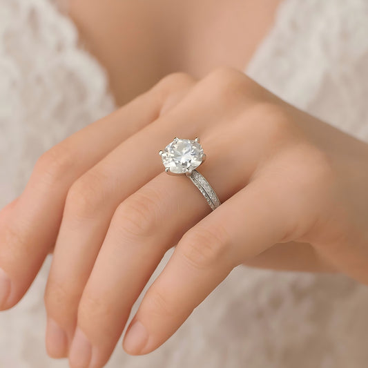 Six-Prong Round Brilliant 3 CT D Color Moissanite Engagement Ring 925 Sterling Silver White Gold Plated | GRA Certified