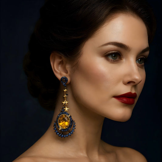 "Moon Halo” | Natural citrine & Lab-Grown Sapphire Stud Earrings | 925 Sterling Silver | Universe Collection
