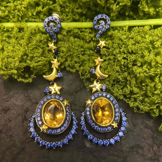 "Moon Halo” | Natural citrine & Lab-Grown Sapphire Stud Earrings | 925 Sterling Silver | Universe Collection