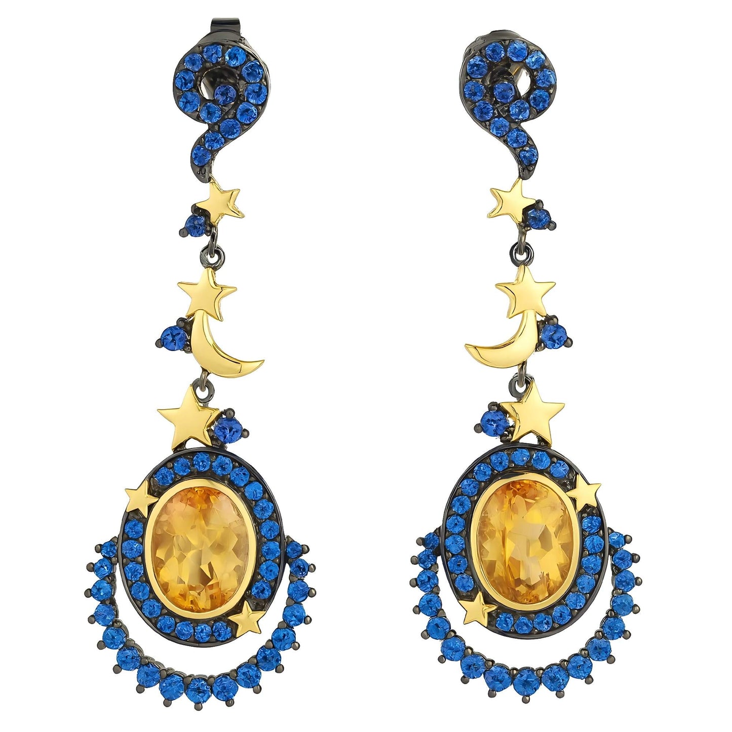 "Moon Halo” | Natural citrine & Lab-Grown Sapphire Stud Earrings | 925 Sterling Silver | Universe Collection