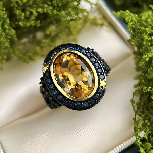 Golden Dawn: Citrine and Sapphire Halo Ring in 925 Sterling Silver