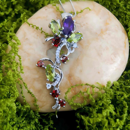 Garden Whispers: Amethyst, Garnet & Peridot Floral Necklace in 925 Sterling Silver
