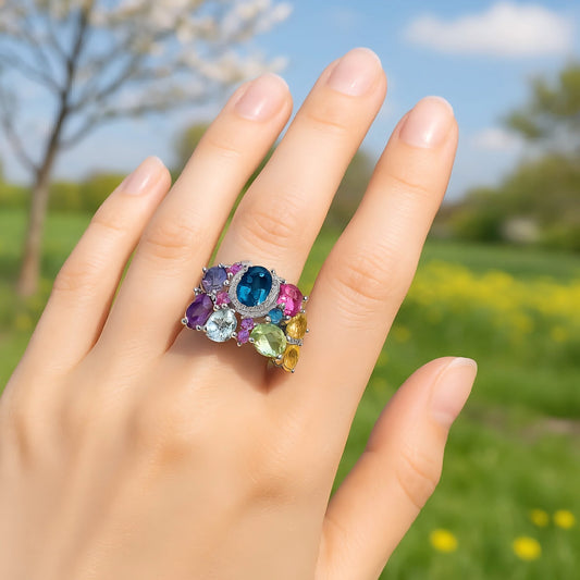 Candy Bloom – Multicolor Gemstone Cocktail Ring in 925 Sterling Silver