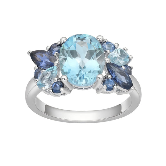 Crystal Lake Bloom – Blue Topaz Floral Cluster Ring in 925 Sterling Silver