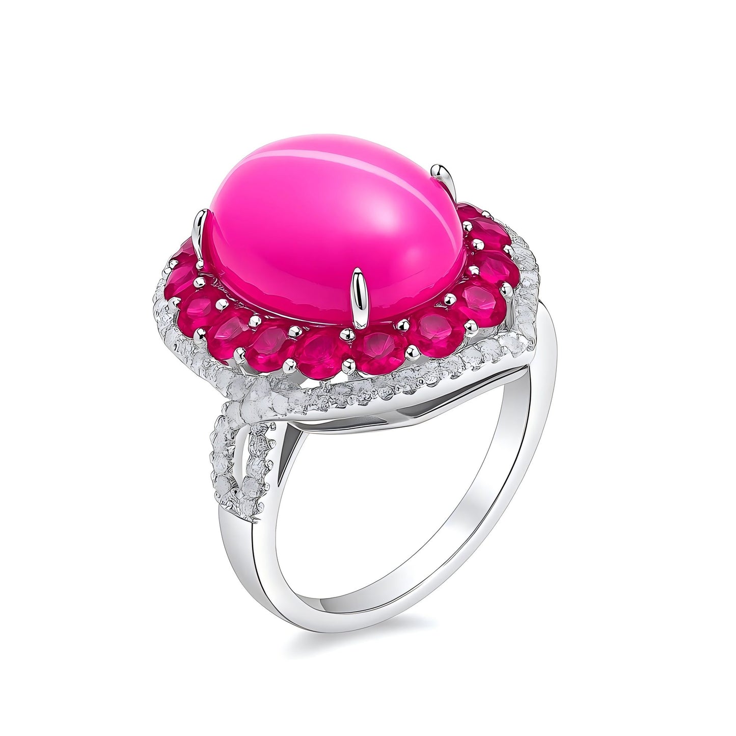 Twilight Flame: Oval Cabochon Lab-Grown Ruby Ring with Pink CZ Halo