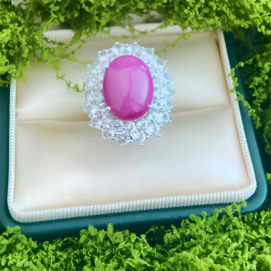 Crown Flame: Oval Cabochon Lab-Grown Ruby Ring in 925 Silver