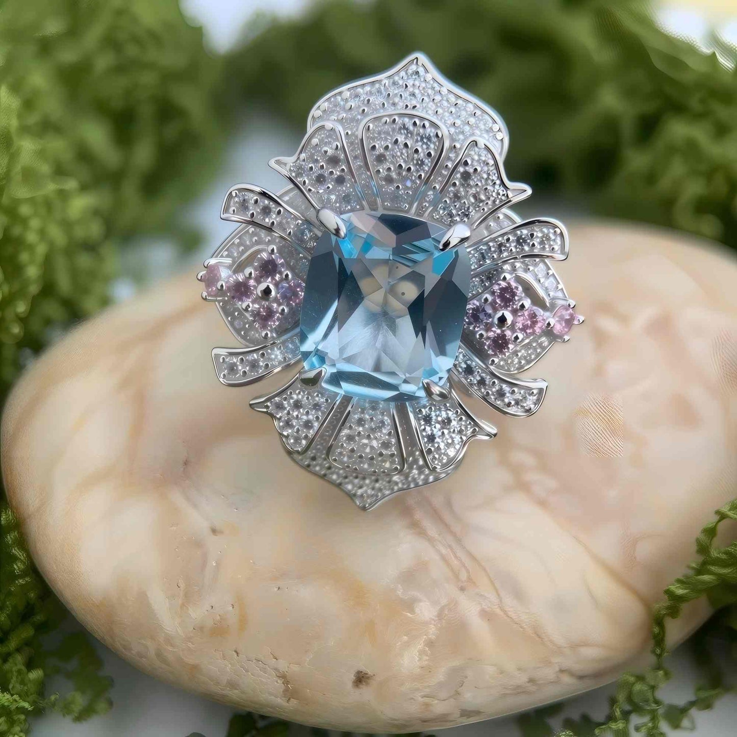 Blossom Sky - Blue Topaz Pink Flower Ring