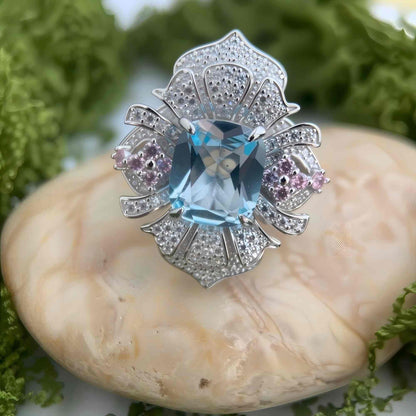 Blossom Sky - Blue Topaz Pink Flower Ring
