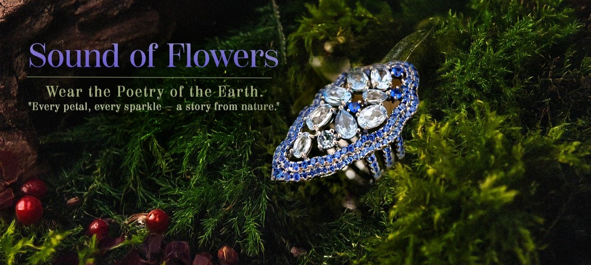 Jewelry with gemstones on a natural background, featuring text about nature and poetry.
