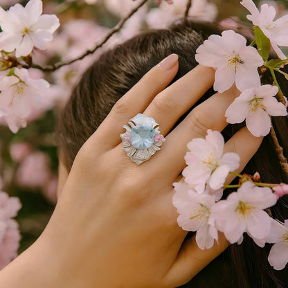 Blossom Sky: Blue Topaz and Pink Flower Ring in 925 Sterling Silver - Sound of Flowers