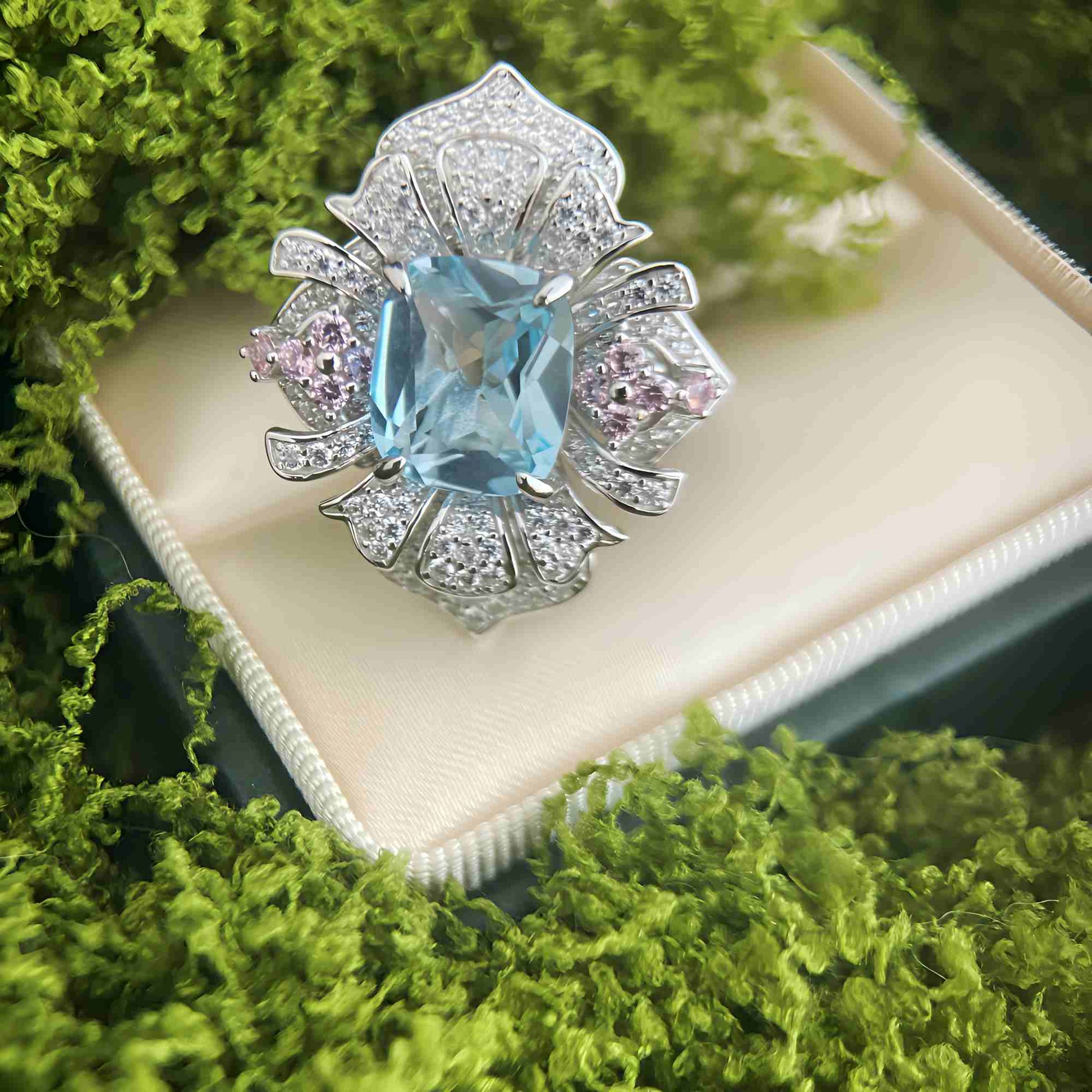 Blossom Sky - Blue Topaz Pink Flower Ring - Sound of Flowers