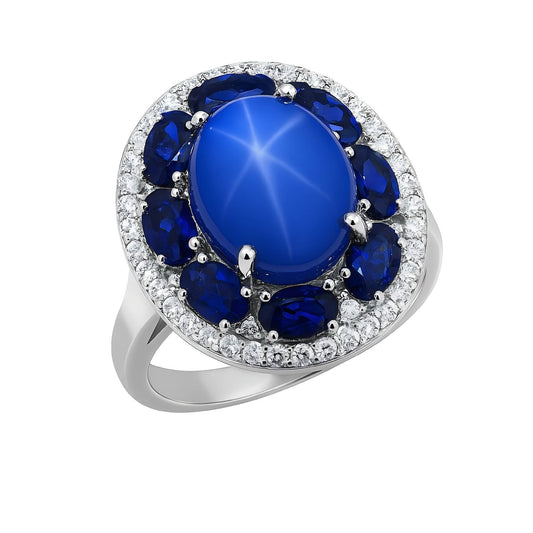 Blue Flame: Oval Cabochon Sapphire Ring with Dark Blue CZ - Sound of Flowers