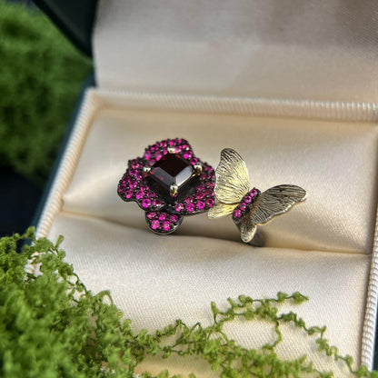 Butterfly & Bloom – Garnet Rose and Gold Butterfly Ring in 925 Sterling Silver - Sound of Flowers