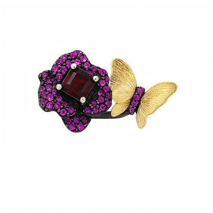 Butterfly & Bloom – Garnet Rose and Gold Butterfly Ring in 925 Sterling Silver - Sound of Flowers