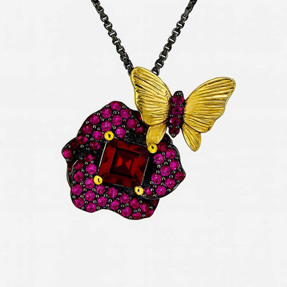 Butterfly & Bloom – Garnet Rose and Butterfly Pendant