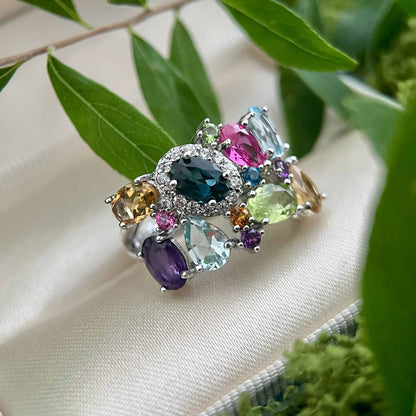 Candy Bloom – Multicolor Gemstone Cocktail Ring in 925 Sterling Silver - Sound of Flowers
