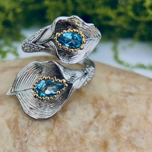 Crimson Bloom – Swiss Blue Topaz Ring in 925 Sterling Sliver - Sound of Flowers
