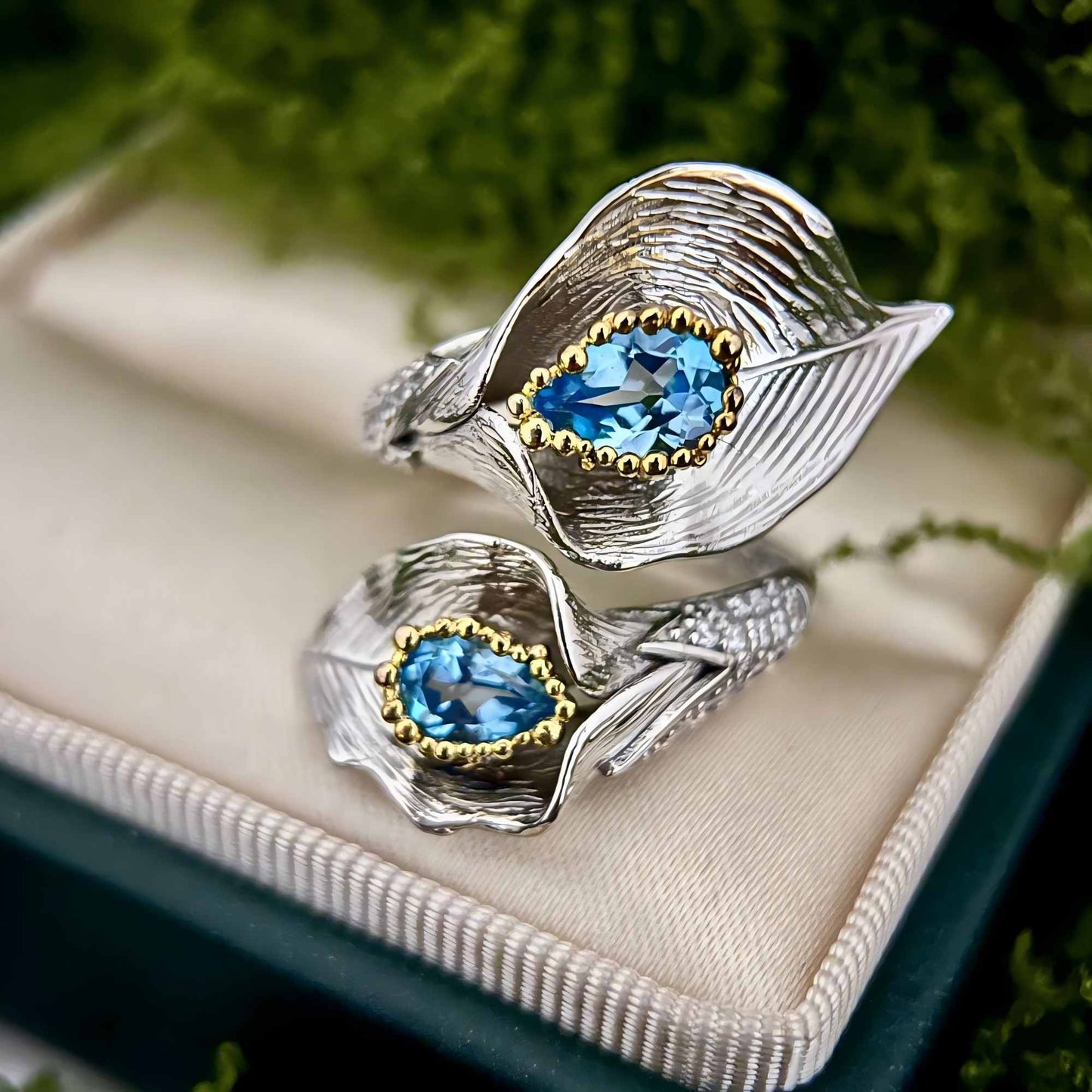 Crimson Bloom – Swiss Blue Topaz Ring in 925 Sterling Sliver - Sound of Flowers