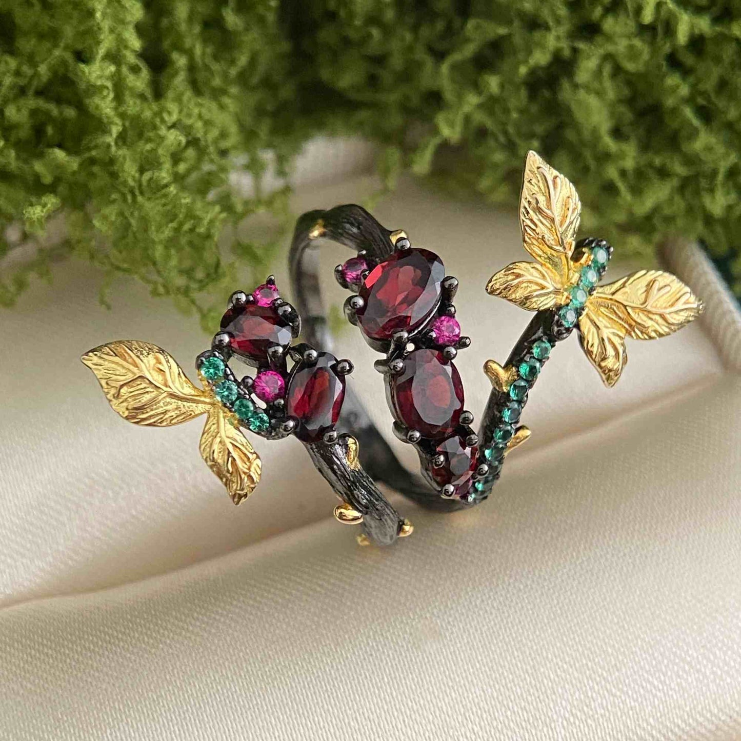 Crimson Secret – Garnet Leaf Flora Ring - Sound of Flowers