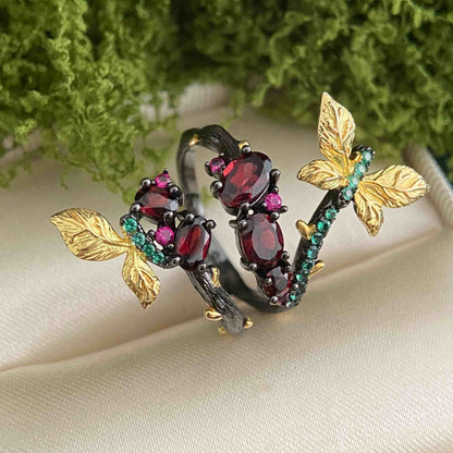 Crimson Secret – Garnet Leaf Flora Ring - Sound of Flowers