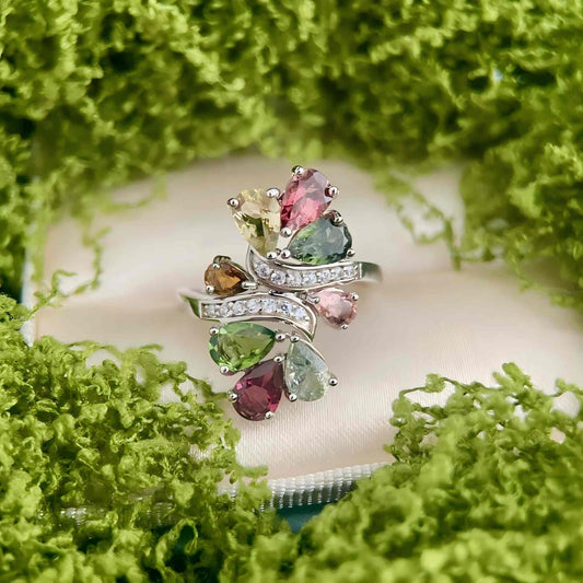 Dancing Petals: Pear - Cut Multi - Color Natural Tourmaline Flower Ring in Sterling Silver - Sound of Flowers