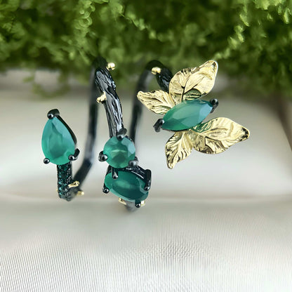 Dew Bloom – Natural Green Agate Leaf Ring in 926 Sterling Silver - Sound of Flowers