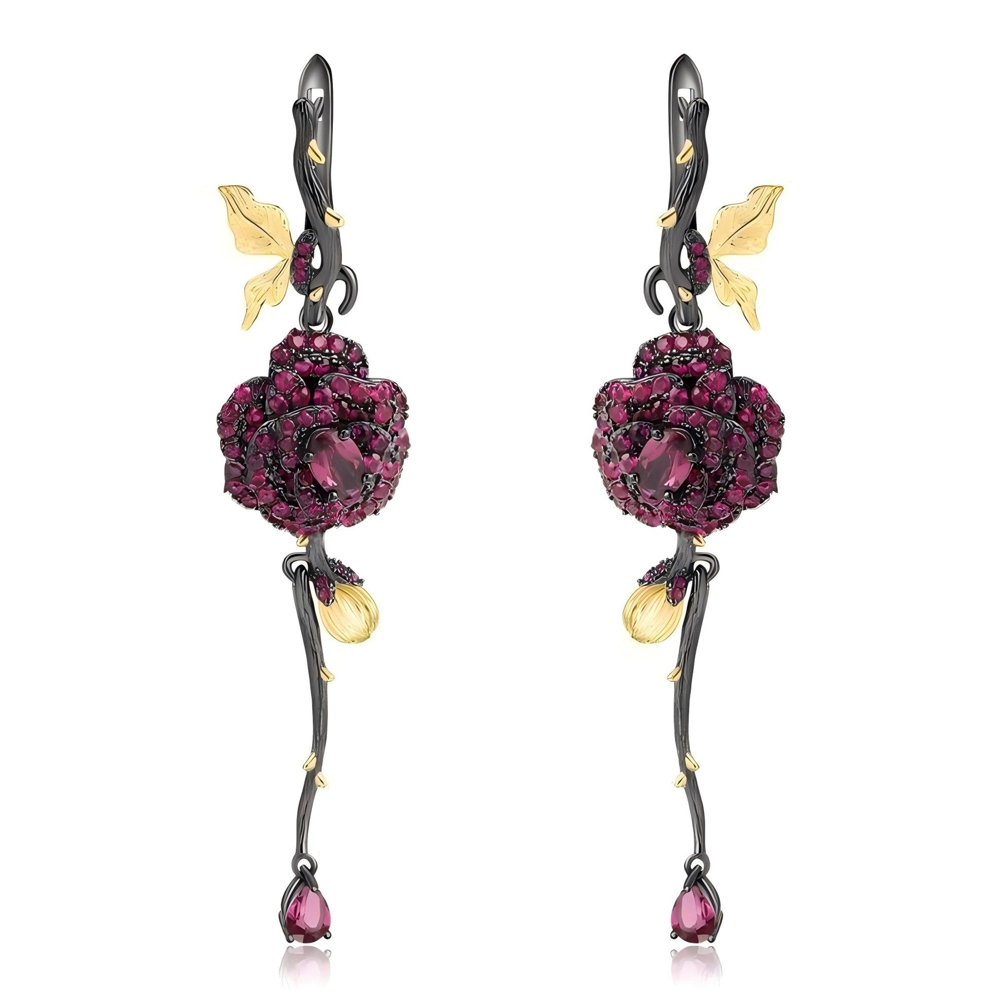 Enchanted Garnet Rose Drop Earrings 