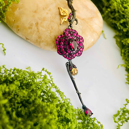Enchanted Rose Pendant Necklace – Garnet Red & Golden Accents in 925 Silver - Sound of Flowers