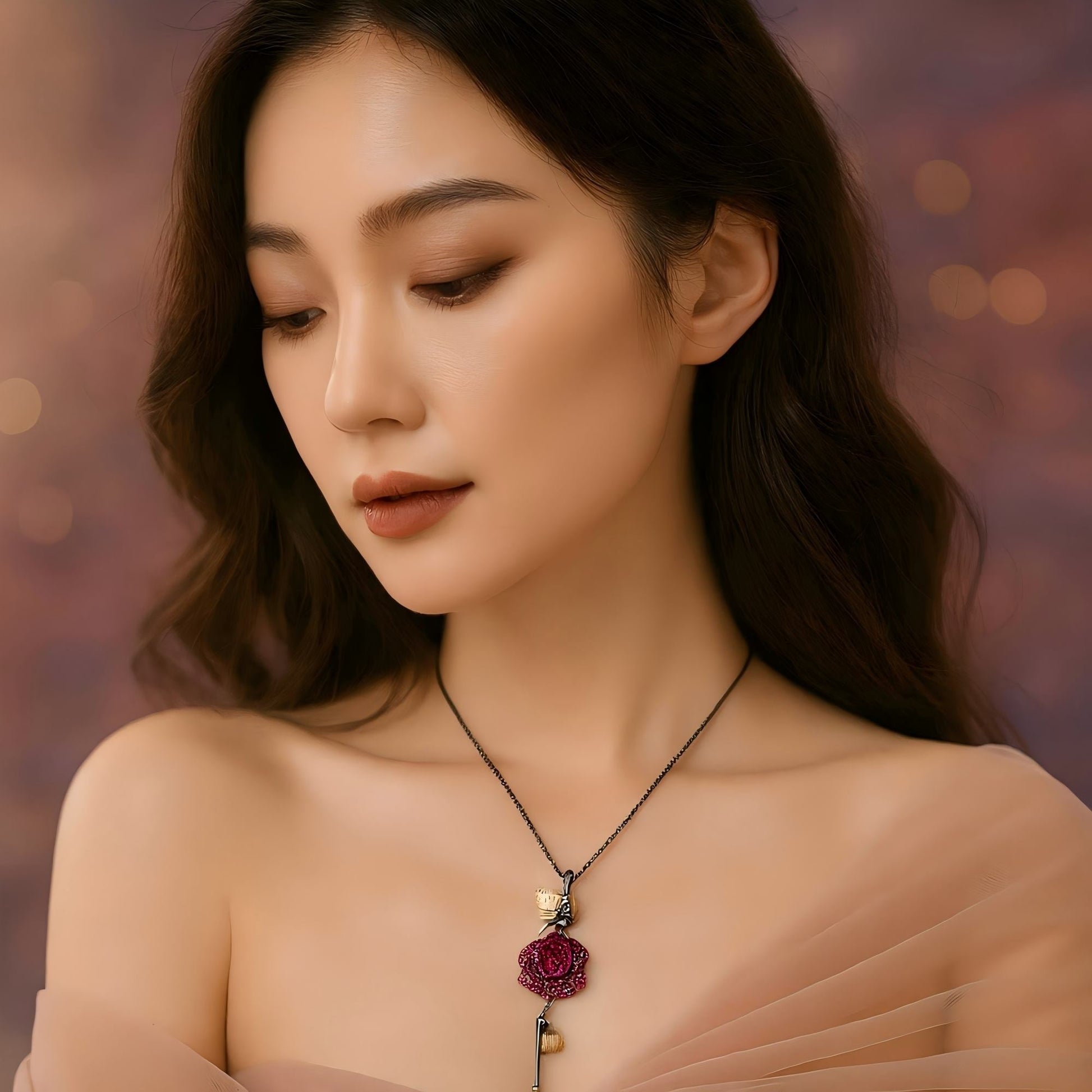 Enchanted Rose Pendant Necklace – Garnet Red & Golden Accents in 925 Silver - Sound of Flowers