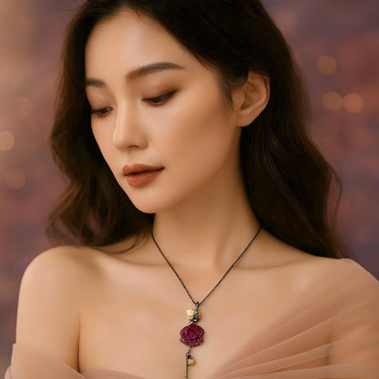 Enchanted Rose Pendant Necklace – Garnet Red & Golden Accents in 925 Silver - Sound of Flowers