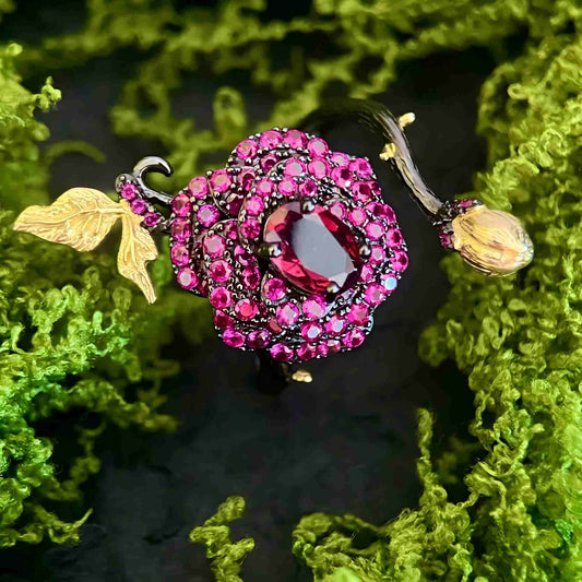 Enchanted Rose Ring – Garnet Red Bloom with Golden Accents in 925 Silver - Sound of Flowers