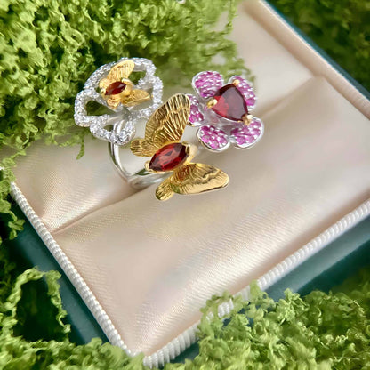 Fluttering Garden – Adjustable Butterfly & Flower Ring with Garnet in Sterling Silver - Sound of Flowers