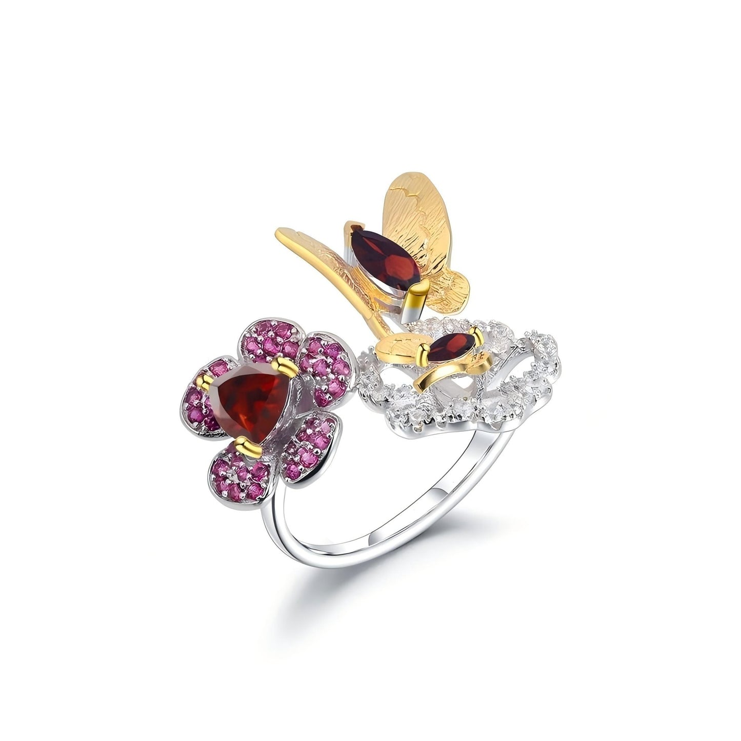 Fluttering Garden – Adjustable Butterfly & Flower Ring with Garnet in Sterling Silver - Sound of Flowers