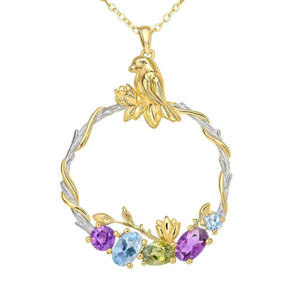 Forest Serenade – Gemstone Bird Wreath Pendant in 925 Sterling Silver - Sound of Flowers