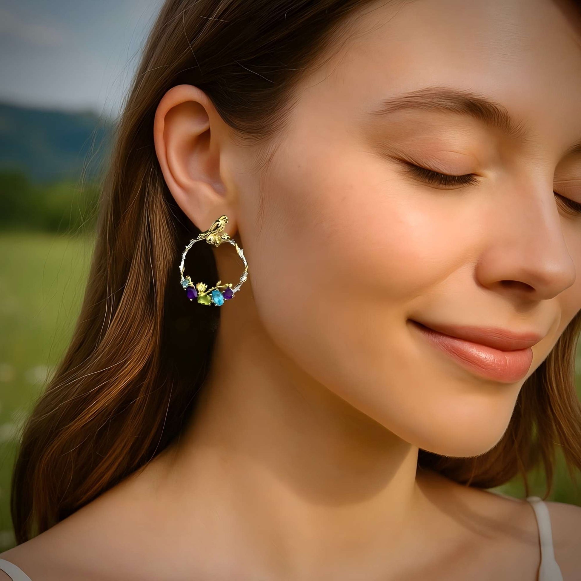 Forest Serenade: Natural Gemstone Bird Wreath Earrings in 925 Sterling Silver - Sound of Flowers