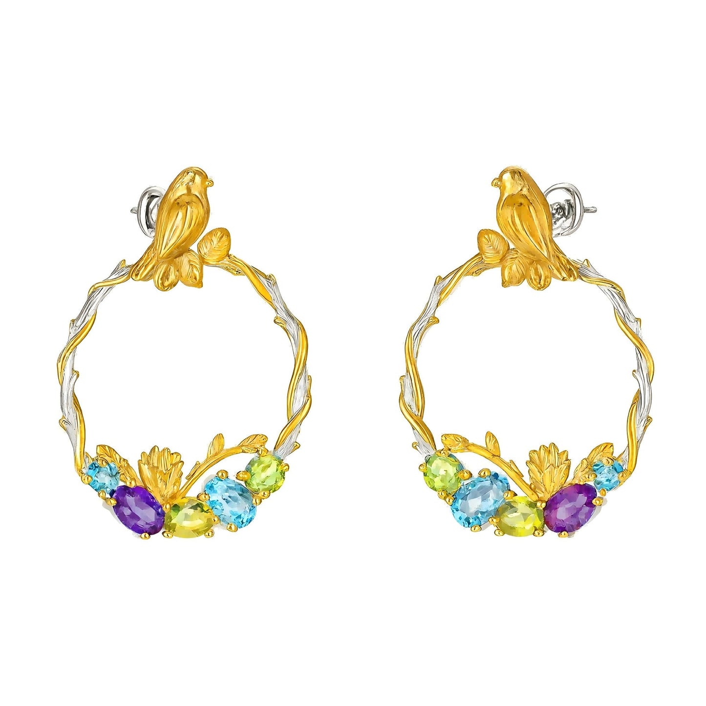 Forest Serenade: Natural Gemstone Bird Wreath Earrings in 925 Sterling Silver - Sound of Flowers