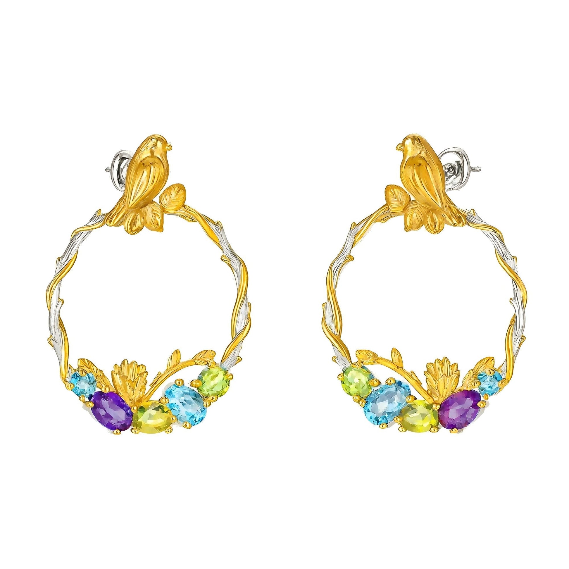 Forest Serenade: Natural Gemstone Bird Wreath Earrings in 925 Sterling Silver - Sound of Flowers