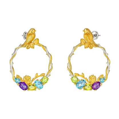 Forest Serenade: Natural Gemstone Bird Wreath Earrings in 925 Sterling Silver - Sound of Flowers