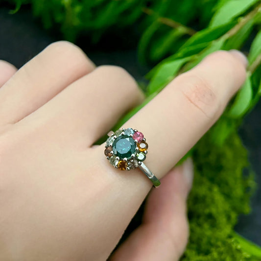 Garden Bloom: Green Tourmaline & Rainbow Cluster Ring in Sterling Silver - Sound of Flowers