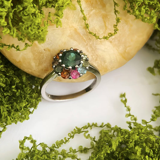 Garden Bloom: Green Tourmaline & Rainbow Cluster Ring in Sterling Silver - Sound of Flowers