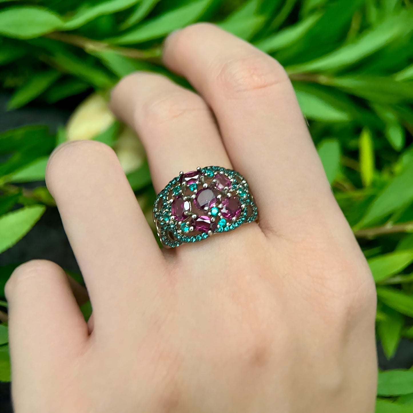 Garden Radiance - Garnet & Green Zircon Dome Ring - Sound of Flowers