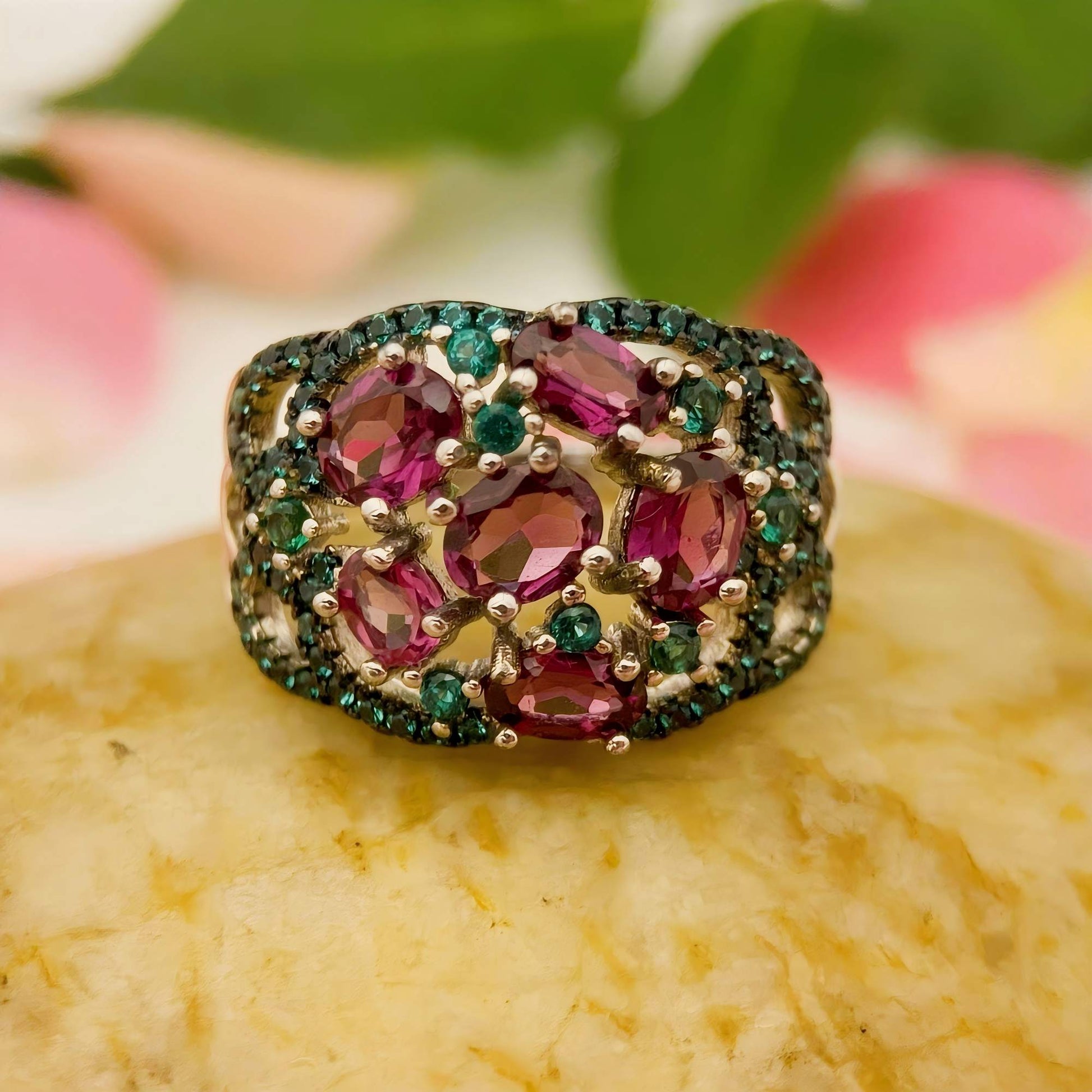 Garden Radiance - Garnet & Green Zircon Dome Ring - Sound of Flowers