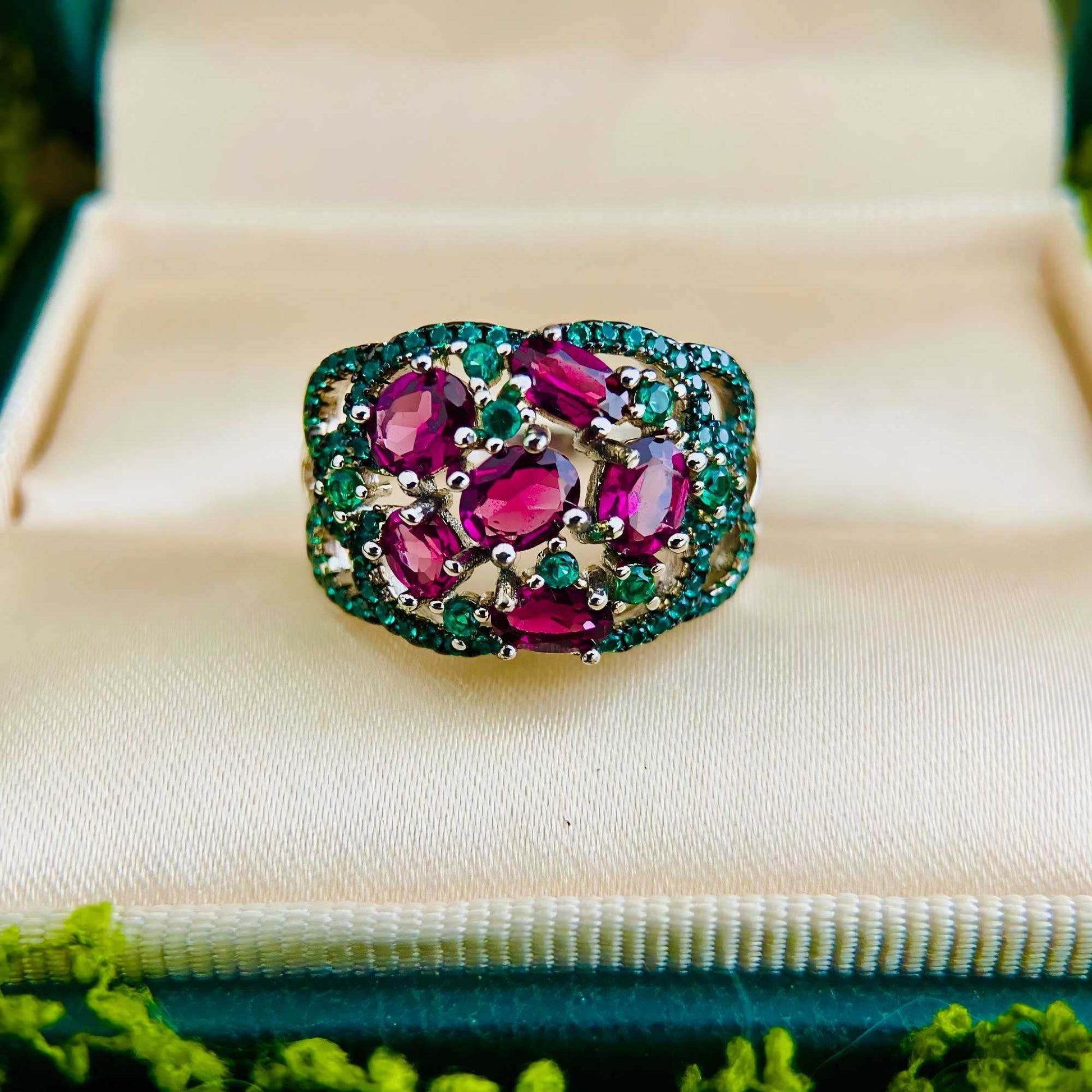 Garden Radiance: Rhodolite Garnet & Green Zircon Dome Ring in Sterling Silver - Sound of Flowers