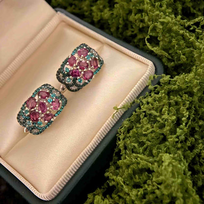 Garden Radiance: Rhodolite & Green Zircon Floral Hoop Earrings in Sterling Silver - Sound of Flowers
