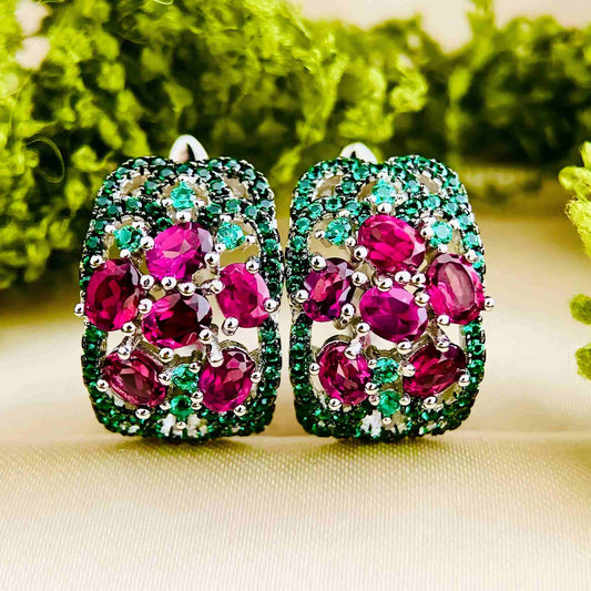 Garden Radiance: Rhodolite & Green Zircon Floral Hoop Earrings in Sterling Silver - Sound of Flowers