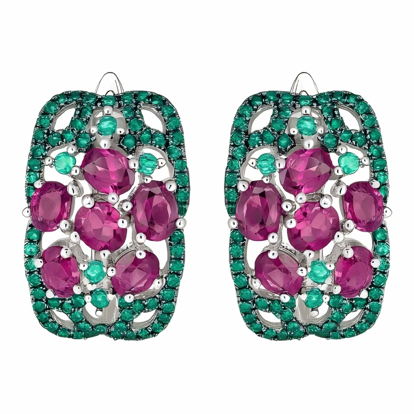 Garden Radiance: Rhodolite & Green Zircon Floral Hoop Earrings in Sterling Silver - Sound of Flowers