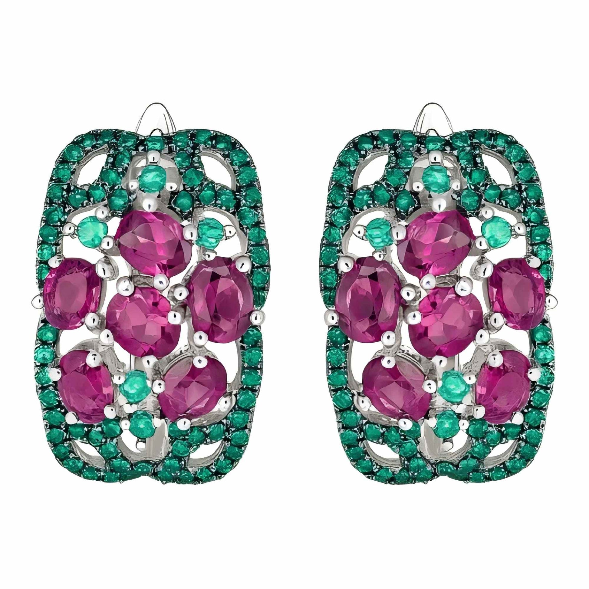 Garden Radiance: Rhodolite & Green Zircon Floral Hoop Earrings in Sterling Silver - Sound of Flowers