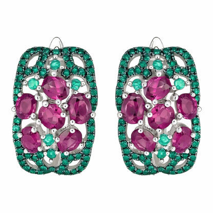 Garden Radiance: Rhodolite & Green Zircon Floral Hoop Earrings in Sterling Silver - Sound of Flowers