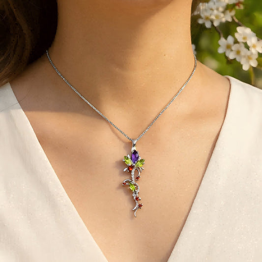 Garden Whispers: Amethyst, Garnet & Peridot Floral Necklace in 925 Sterling Silver - Sound of Flowers